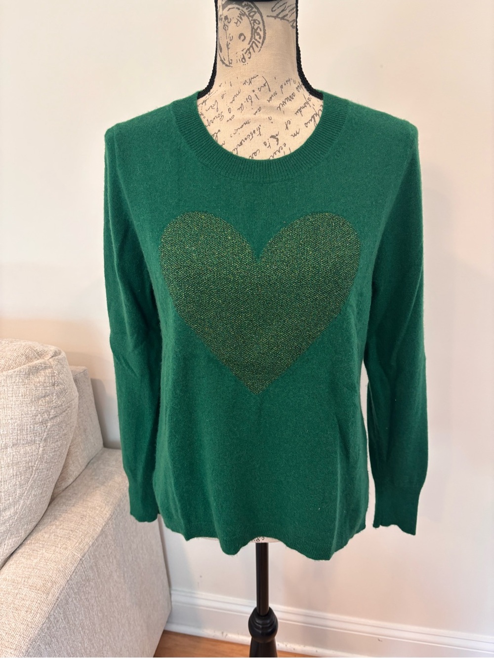 J.Crew Cashmere Crewneck Sweater Lurex® Metallic Heart in Autumn Pine Sparkle M - Picture 2 of 7